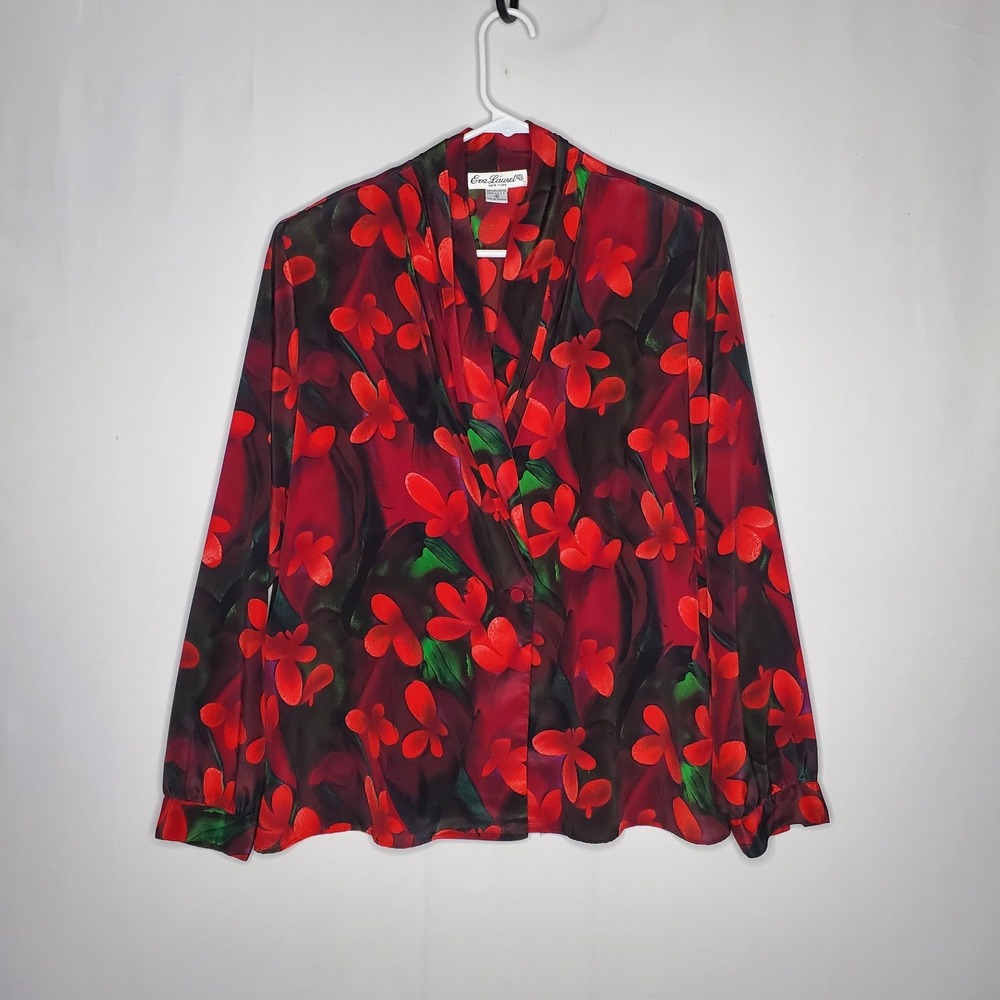 Eva Laurel Dark Red Floral Blouse Women 16 Vintage Shawl Collar Office Old Money